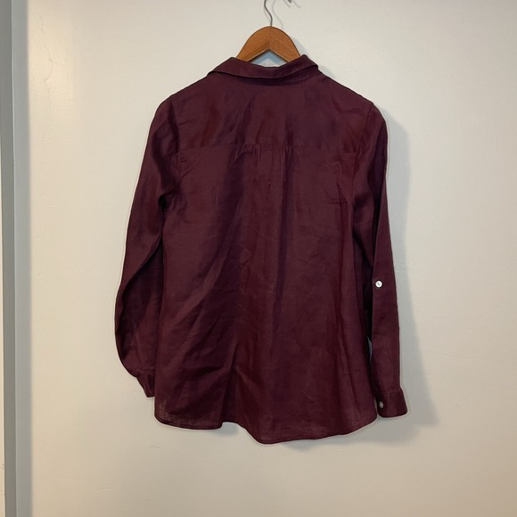 J. Jill XS Blouse Top 100% Love Linen Button Up Long Sleeve Tan Maroon - Picture 5 of 7